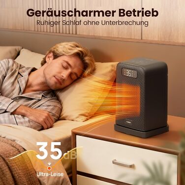 Електричний обігрівач 1500W з PTC керамічним нагрівачем, тихий, з термостатом та пультом дистанційного керування, ECO режим, 70° осциляція, 12h таймер, захист від перегріву та перекидання, чорний, 26 см