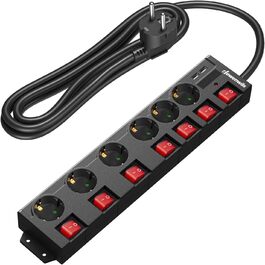 Розподільник розеток DEWENWILS 6-фазний з USB, індивідуальне вмикання, захист від перевантаження, дитячий захист, поворот 90°, чорний