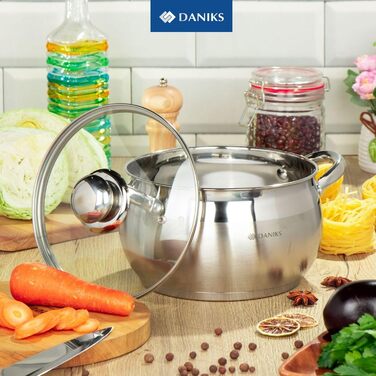 Набір каструль Daniks Classic 12 предметів з нержавіючої сталі для індукції з кришками: 16/18/20/24 см, сотейник, сковорода 24 см, каструля для макаронів і супу, сріблястий