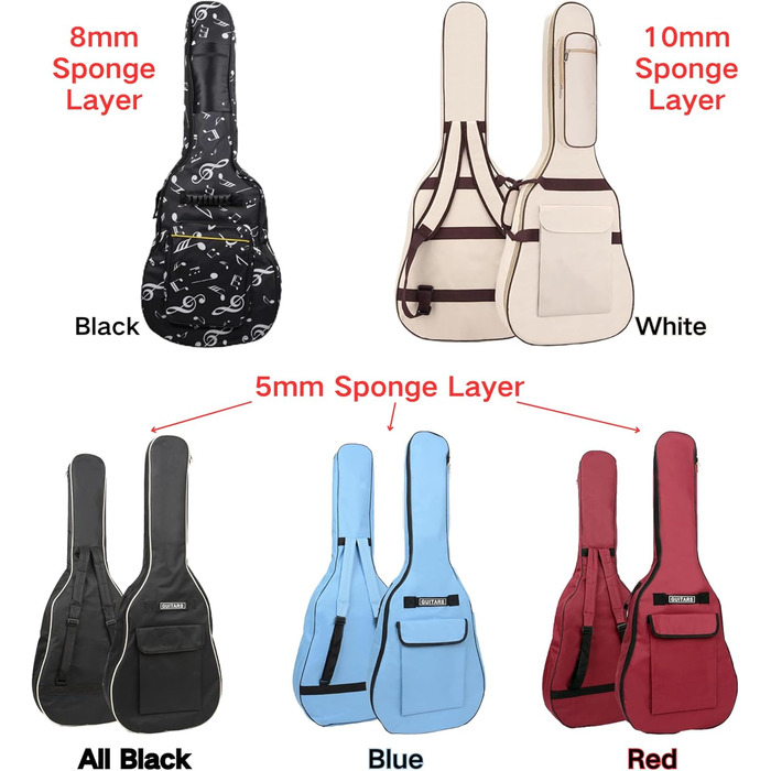 Водонепроникний кейс для гітари SUQ Oxford, 40/41 дюймів, з принтом музичних нот, нейлон, Gigbag, для електро-, акустичної та концертної гітари, ударостійкий, 8 мм підкладка, водонепроникний (чорний)