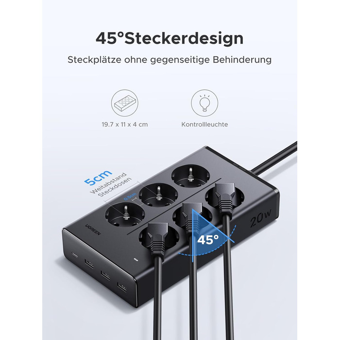 Мережевий фільтр UGREEN 10-в-1 з USB, подовжувач з 20W швидкою зарядкою USB-C, захист від перенапруги, 3680 Вт, кабель 1.5 м, для офісу та дому