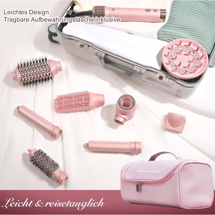 8-в-1 Airstyler: Фен-щітка для волосся з автоматичною насадкою для локонів, етикеткою Pink. Швидке сушіння, об'єм та без пошкоджень. У комплекті сумка для подорожей.