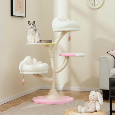 Дерев'яний кігтеточка для котів COSTWAY 165 см з 4 лежаками, печерею та сизалевими стовпчиками. Міцний кігтеточка-вежа з металевим каркасом, меблі для котів.