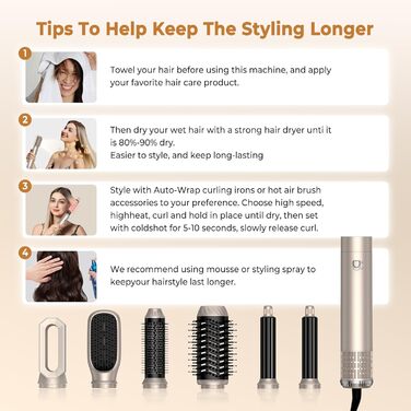 UKLISS Hairstyler 6 в 1 Airbrush: професійний набір для укладки волосся | 1000W | Air Curler, фен-щітка, стайлер для локонів, об'єму та випрямлення | Золотий