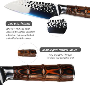 Професійний ніж Santoku Kitory 14 см для суші та кухні з молотильною гострою лезою з вуглецевої нержавіючої сталі та бамбуковою ручкою, у подарунковій коробці