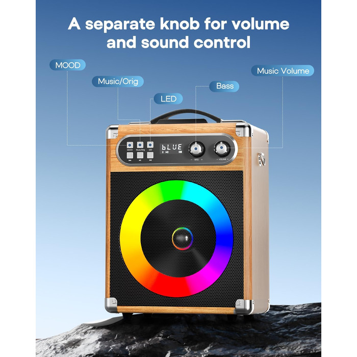 Портативна караоке-система з 2 бездротовими мікрофонами та акумуляторами, 20W, дерев'яний корпус