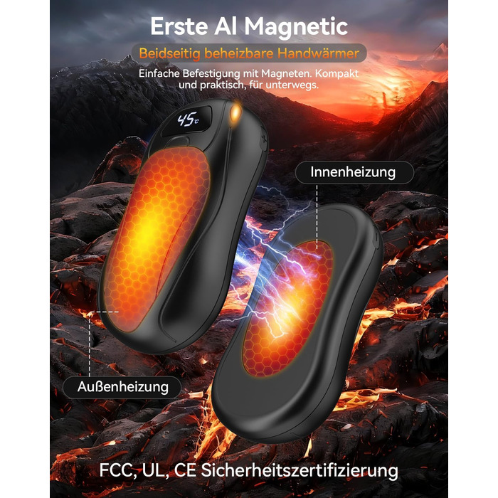 Електричні грілки для рук 6000 mAh, 2 шт. Ultra Light з магнітною двосторонньою системою нагріву, LCD-дисплеєм, 12+ годин, 35°C-55°C, багаторазові для дітей, для гольфу/кемпінгу, чорні