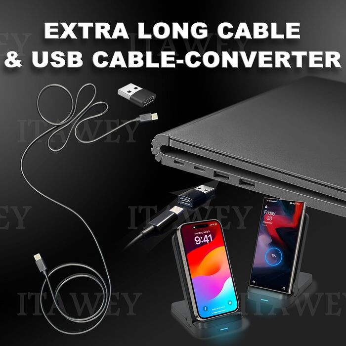 Бездротова зарядка 15W, складана, кабель 1.5м + USB-адаптер, сумісна з iPhone 15/14/13/12/11, Galaxy S25/S24/S23/S22/S21/S20/S10 та усіма Qi-пристроями, білий (чорний) колір