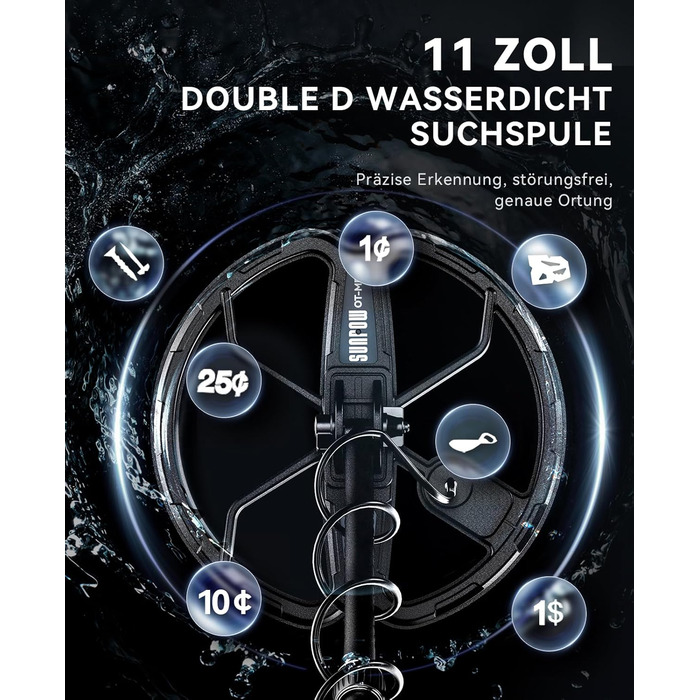 Металошукач SUNPOW для дорослих – водонепроникний, з лопатою, рюкзаком та навушниками, IP68, 11' Dual-D, 35h Li-Akku, 10 рівнів чутливості, 4 режими пошуку, 7-Metall ID, A-Schwarz