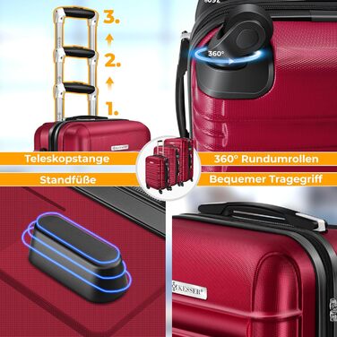 Набір валіз KESSER® з твердим корпусом (4 шт) – Bordeaux. Валізи з ABS-пластику, телескопічною ручкою, 4 колеса, ваги та брелок для багажу. Розміри: S, M, L, XL