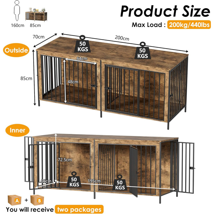 Клітка для собак для дому, 200 см, велика собача будка для 2 собак, XXL, міцна клітка з перегородкою, сучасна собача будка для дому, 4 двері для великих собак до 100 кг