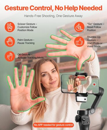 Стабілізатор для смартфона VEVOR з 3-осьовою стабілізацією, трекінг облич/об'єктів, штатив, портативний та складаний, для відеозйомки, DC 3.5–4.2V (без підсвічування, AI-трекінг)