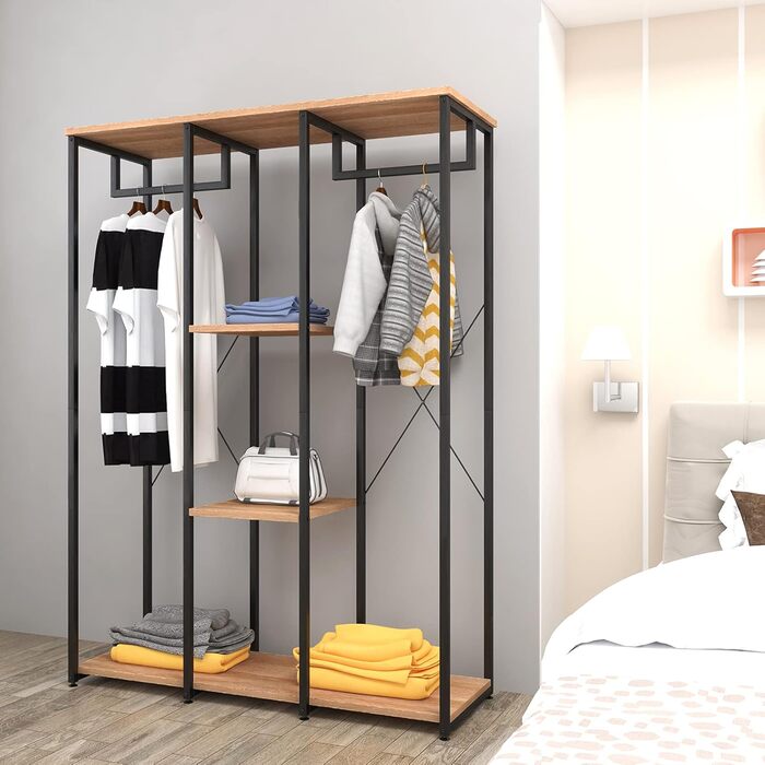 Clothes Rack Coat Rack, Open Wardrobe for Bedroom, Laundry Rack Hanging Shelf with Storage, Wood Steel, Black+Light Oak