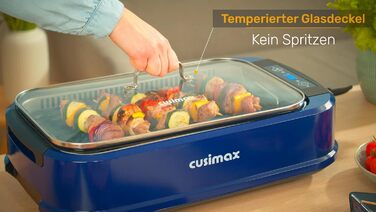CUSIMAX Steak Grill | 1500W Table Grill Electric | BBQ Grill for Indoor and Outdoor Use | Electric Grill with Lid, Touchscreen Temperature Control, Oil Collection Tray, and Removable Grill Plate Blue
