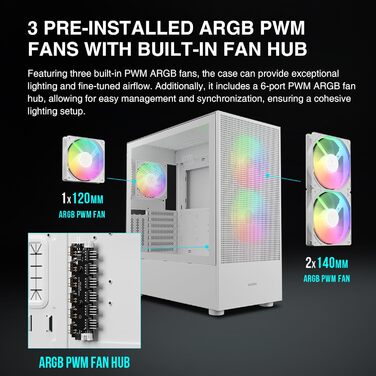 Корпус для ігрового ПК Gamdias Talos M3 Mesh WH, ATX Mid-Tower, 3 x 120 мм ARGB вентилятори, сітчаста передня панель, скло, білий