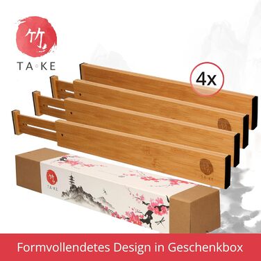 TAKE® Adjustable Drawer Dividers, 4 Pack [42-56cm] | Drawer Organizers, 100% Natural Bamboo | Flexible Drawer Divider System | Drawer Organization System for Kitchen | Drawer Organizer