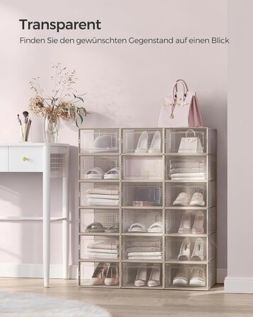 SONGMICS Shoe Boxes, 18-Piece Set, Plastic Shoe Organizer, Foldable and Stackable, for Shoes up to Size 44, Transparent-White LSP18SWT (Transparent + Oatmeal Beige, 18-Piece Set for Shoes up to Size 44)