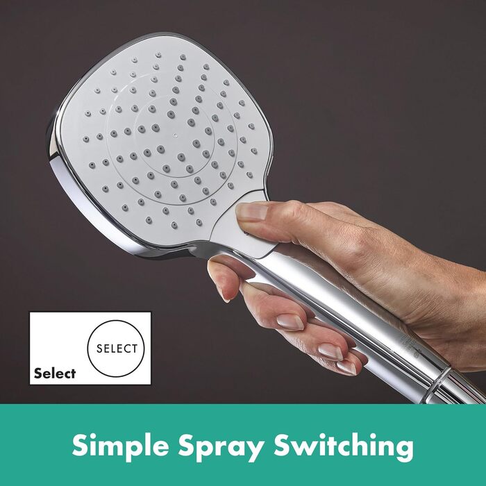 hansgrohe Croma Select E - water-saving showerhead 9 l/min (EcoSmart), hand shower with 3 spray patterns, square shower head (110 x 110 mm), showerhead with water-saving function and anti-limescale feature, White/Chrome