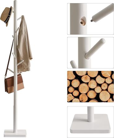 YMYNY Solid Wood Wardrobe Rack, Thickened Square Base, Tree-Shaped Clothes Rack, 3 Adjustable Heights, 8 Hooks, Freestanding, Sturdy, for Bag, Clothing, Living Room, White HCR002W