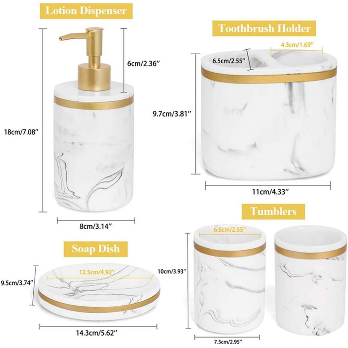 Набір аксесуарів для ванної кімнати 5 шт. з імітацією мармуру (білий + золото/чорний), включає: дозатор мила, стакан для зубної щітки, мильниця, тримач для зубних щіток, набір для ванної кімнати
