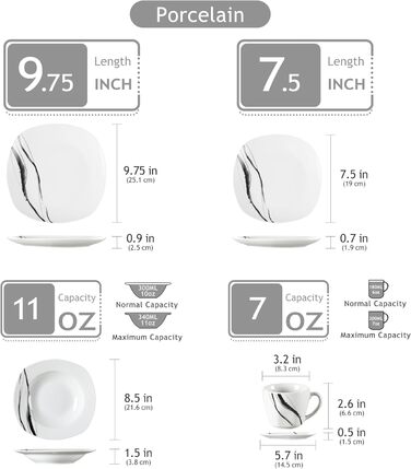 Набір посуду VEWEET FIONA (30 предметів): тарілки та миски для 4 осіб, чорно-сі лінії, для вечері, безпечний у мікрохвильовці та посудомийній машині