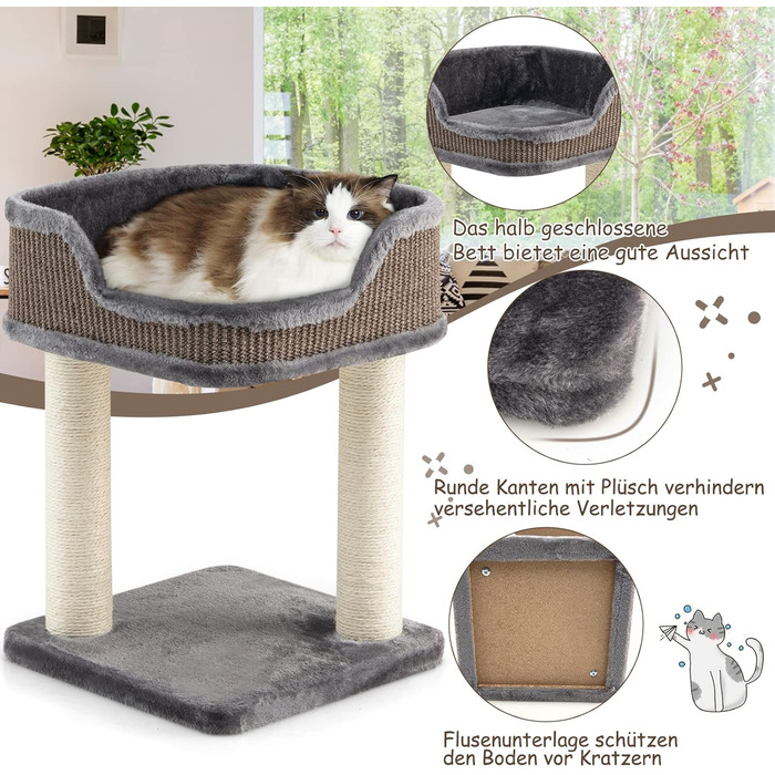 COSTWAY Cat Tree Small, Cat Tree with Large Plush Seat, Wooden Cat Scratching Post, Cat Cat Furniture Climbing Tree, Activity Tree Play Tree, Natural Sisal Tower with Scratching Posts (Gray)