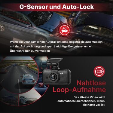 Відеореєстратор Miofive 4K Auto GPS WiFi Bluetooth з дисплеєм 3 дюйми, Нічне бачення, HDR, Loop-запис, підтримка до 512GB, з SD-карткою 32GB