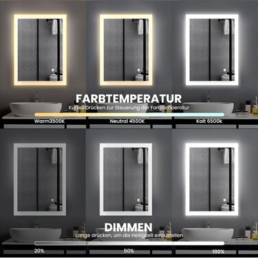 Дзеркало для ванної кімнати з підсвічуванням 70x50 см | LED дзеркало | IP54 вологостійке | Сенсорне управління | Настінне дзеркало | Горизонтальна/Вертикальна установка 6500K холодне біле світло