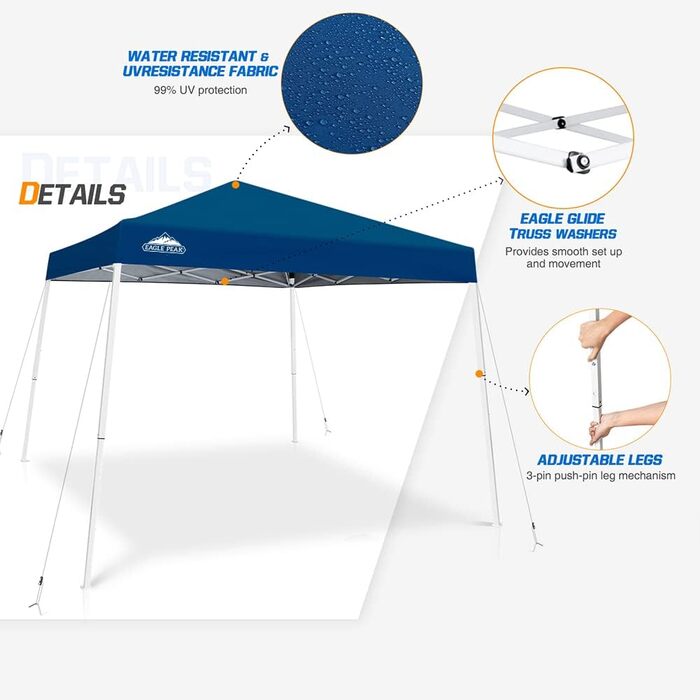 EAGLE PEAK 3x3m Event Tent Slanted Legs Pop-up Gazebo Outdoor, UV Protection 50+ Waterproof Foldable Folding Gazebo for Camping Garden Party, Dark Blue