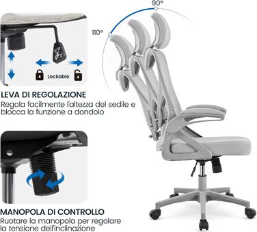 Ергономічне крісло Yaheetech для офісу з підйомними підлокітниками, регульованою підголівником та функцією гойдання, до 136 кг, сіре