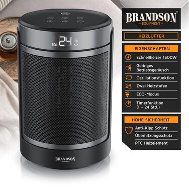 Електричний обігрівач Brandson з пультом керування, ECO-режим, осциляція 50°, 2 режими нагріву, захист від перегріву та перекидання