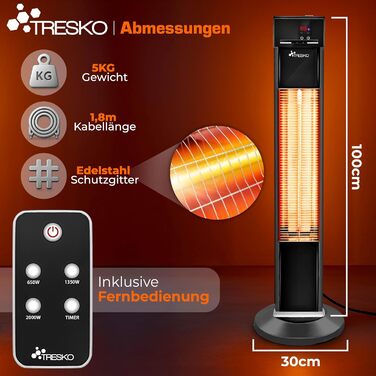 Інфрачервовий обігрівач TRESKO 2000W з пультом дистанційного керування | Тепловий випромінювач для тераси, електричний, 3 режими нагріву | Тепловий струмінь для тераси, всередині та зовні | Інфрачервовий обігрівач з LED-дисплеєм, чорний