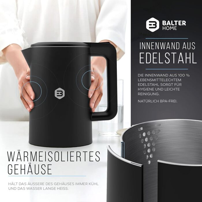 Balter Stainless Steel Kettle WK-4, 1.7 Liter, Electric Kettle, Double-Walled Design, BPA Free, LED, Compact Tea Kettle, Quiet (Black)