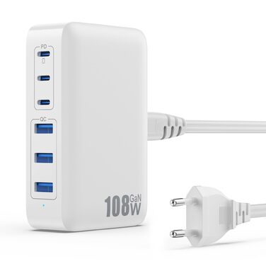 Зарядний пристрій USB C 108W GaN III, 6 портів: PD + QC для iPhone 16/15, iPad, AirPods, Samsung, Switch - Білий