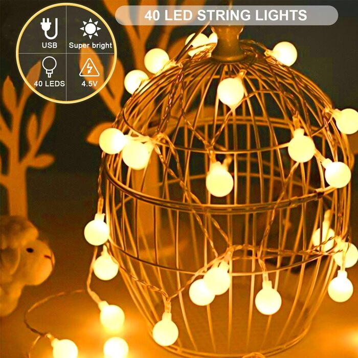 Ланцюжок прикрас з LED-кулями, 23м, 200 LED, для внутрішнього та зовнішнього використання, 8 режимів, функція пам'яті, з вилкою, ідеально для Різдва, весілля, вечірки (тепле біле світло)