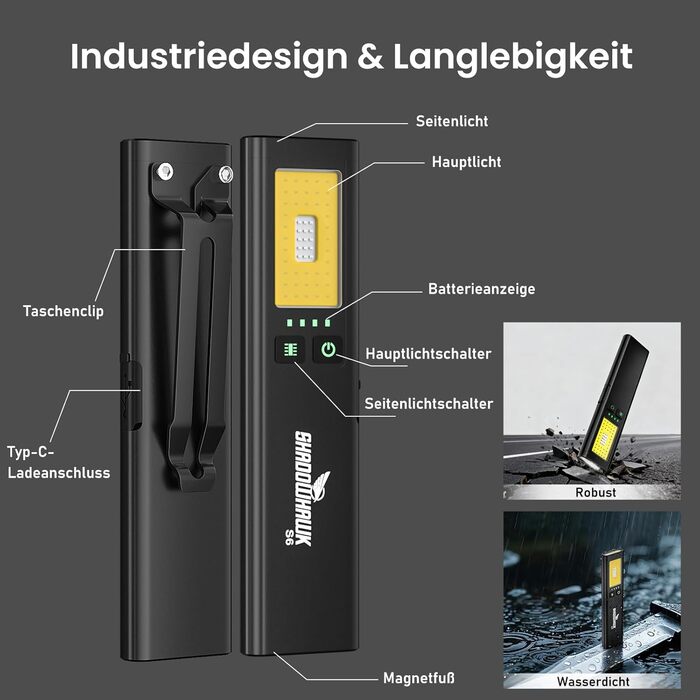 LED-ліхтарик Shadowhawk 2 шт. Зарядний, водонепроникний, COB, з магнітом та кліпсою, 7 режимів, чорний | Для кемпінгу, майстерні, надзвичайних ситуацій