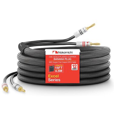 Акустичний кабель Nakamichi 12AWG з банановими роз'ємами 24K, безкиснева мідь (OFC), обплетення, 4.5м, чорний