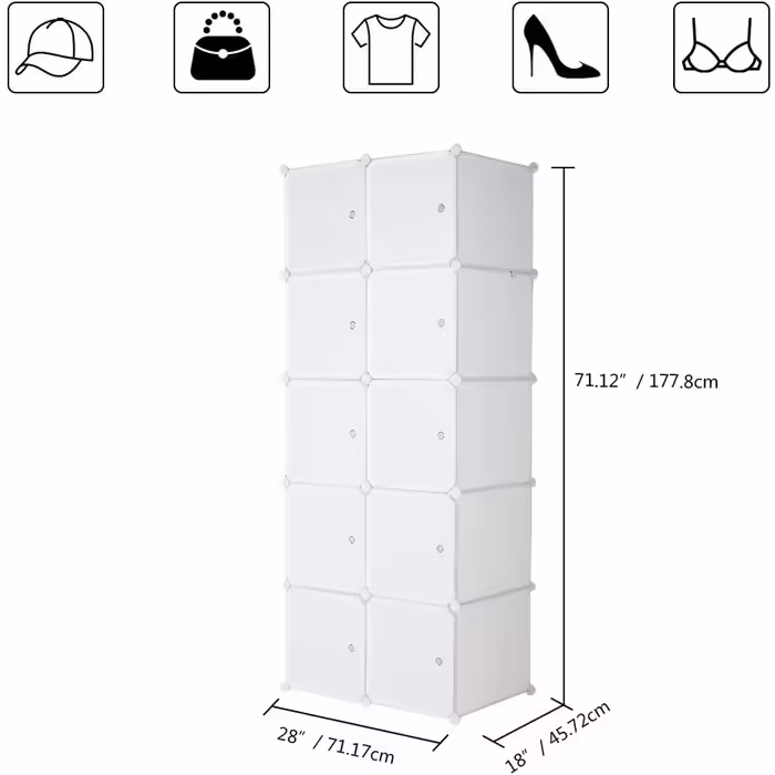 Modular wardrobe system, 10 dice, plastic wardrobe with doors, modular cabinet for space-saving storage, 70 x 45 x 175 cm, White door & Black cabinet. Storage for clothing, shoes, etc. (70 x 45 x 150 cm, White-1)