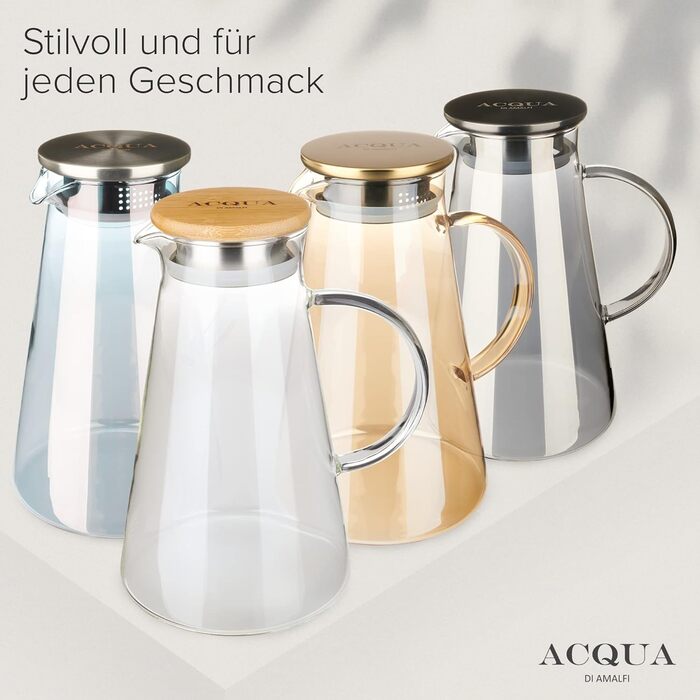 ACQUA DI AMALFI® Glass Carafe | Water Carafe 2 Liter with Stainless Steel/Bamboo Lid | Water Jug with Fruit Infuser | Leak-Proof | Carafe also as a Teapot (BLUE/BAMBOO)