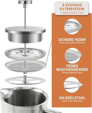 Френч-прес 1000 мл / 8 чашок, кавоварка з нержавіючої сталі, подвійні стінки, ізольована, з фільтром - 1 літр