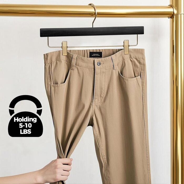 Набір дерев'яних вішалок для штанів та спідниць Quality Hangers, чорні з регульованими затискачами та поворотним золотистим гачком, 120 шт.