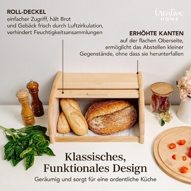 Дерев'яний хлібний ящик Creative Home | 38 x 28,5 x 17,5 см | Для хліба, булок, випічки | З відкидним кришкою | Натуральний хлібний контейнер для кухні