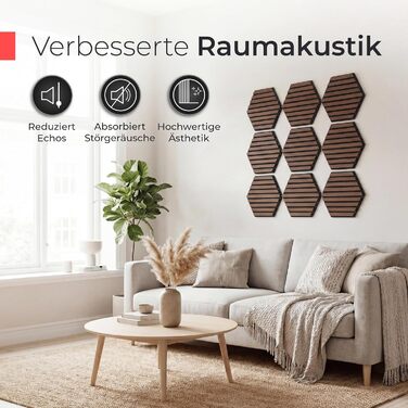 Акустичні панелі з натурального горіха самоклеючі, гексагон 30x26 см, набір 9 шт, чорний акустичний фетр, 3D панелі для шумоізоляції та оздоблення стін