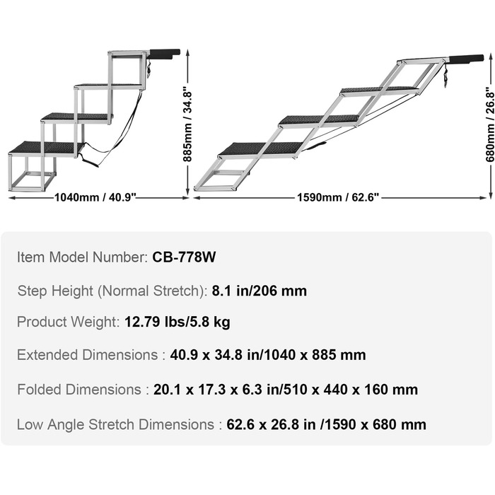 Сходинка для собак VEVOR у автомобіль: 5 сходинок, широка, складна, з антиковзким покриттям, з легкого алюмінію, для авто, SUV та вантажівок (68-88 см)