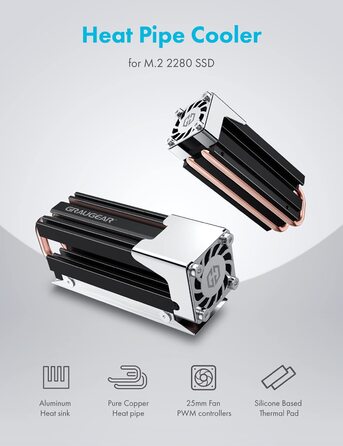 Охолоджувач SSD M.2 NVMe 2280 GrauGear з вентилятором PWM, тепловою трубою та термопадом