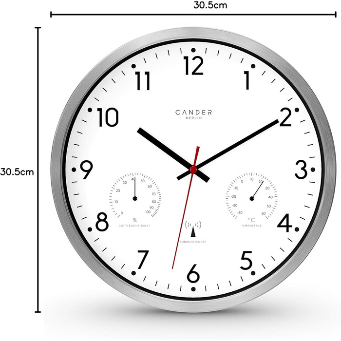 Cander Berlin MNU 3330 White Wireless Wall Clock with Temperature and Humidity Display, 12 inches (Ø) 30.5 cm