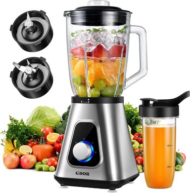 GDOR Standміксер 1200W з 1,5л скляною колбою та 650мл стаканчиком для напоїв. 3 швидкості, для смузі, шейків, соусів. Професійний міксер GDOR