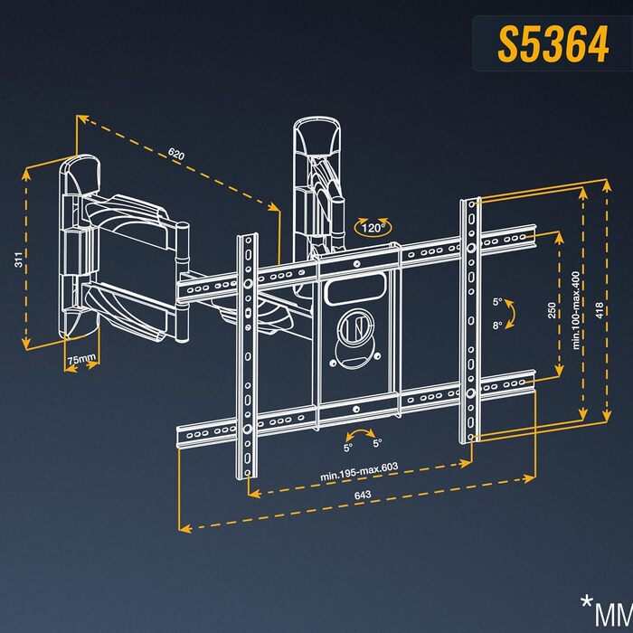 Настінне кріплення для телевізора RICOO S5364 40-75 дюймів, поворотний механізм, VESA 600x400 мм, до 45 кг