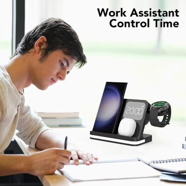 Бездротова зарядка 4-в-1 з будильником для Samsung Galaxy: Watch, Buds, Fold, Flip, S-серії (чорний)