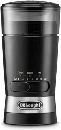 Кавомолка De'Longhi KG210 – електрична для цілих кавових зерен, спецій та горіхів, з нержавіючої сталі, 170 Вт, пластик, чорний колір